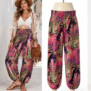 NWOT Boho Pink & Green Abstract Print High-Waist Elastic Harem Pants (size 2)